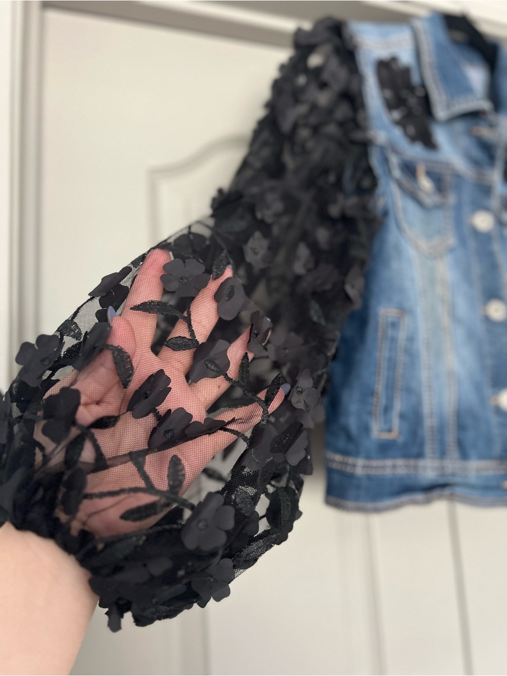OOAK Romantic Goth Upcycled Denim Floral Mesh Jacket M Lisa Skeels Original - Picture 4 of 7